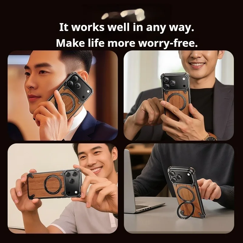 غطاء Eary Natural Wood لهاتف iPhone 17 Pro Max 17 Air بدون إطار مع MagSafe 360 ° غطاء حماية مقاوم للصدمات بحامل هاتف قابل للدوران