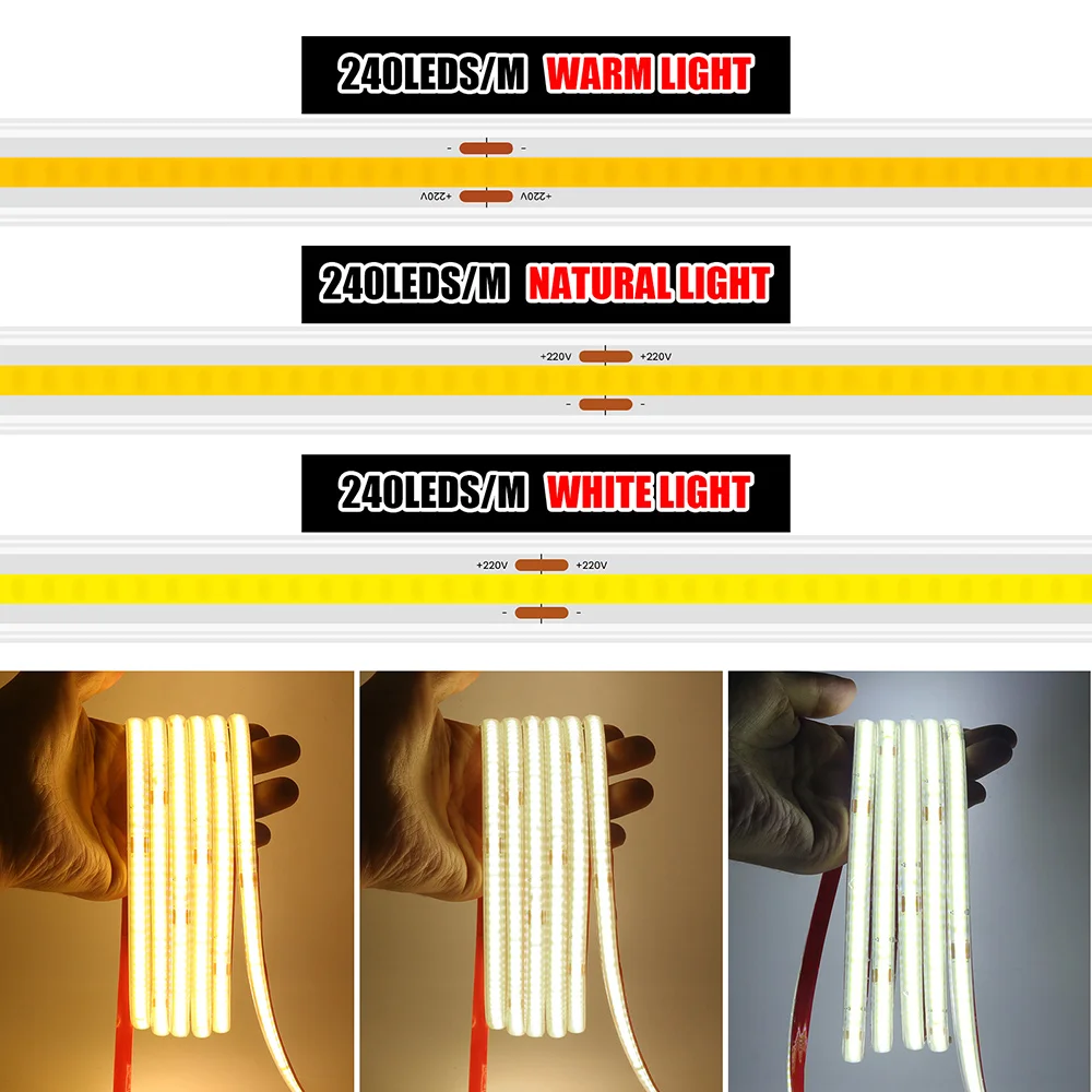 Dimmable COB LED Strip Light 220V Dimmer Switch Power Kit 5m 10m 20m 50m 100m 0.5m 240LED/m Flex Adhesive Tape RA90 Led Lighting