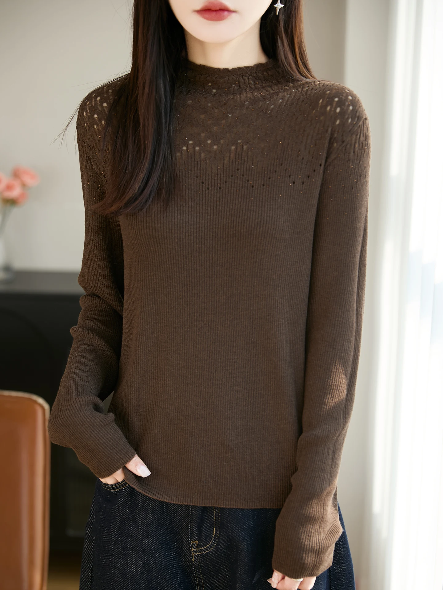 

Новый модный женский свитер из смесовой шерсти, весенне-осенний женский трикотажный пуловер с ажурной вязкой, с длинным рукавом, топ, блузка для женщин