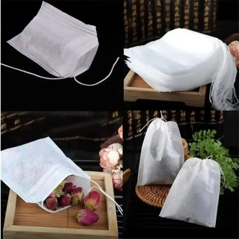 100Pcs Empty Drawstring Tea Bags Disposable Filter Pouches Loose Leaf Herbal Tea Spice Scented Tea Household Brewing Accessories