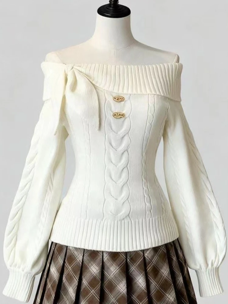 Women Sweet Hot Girl Bow Off-Shoulder Sweater Autumn Winter Elegant Sexy Fashion Knitted Tops Casual Y2k Knitwear Pullover New