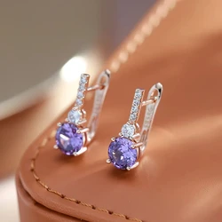 Wbmqda Fashion Round Purple Natural Zircon Drop Earrings For Women 585 Rose Gold Color Fine English Lock Jewelry Accessories