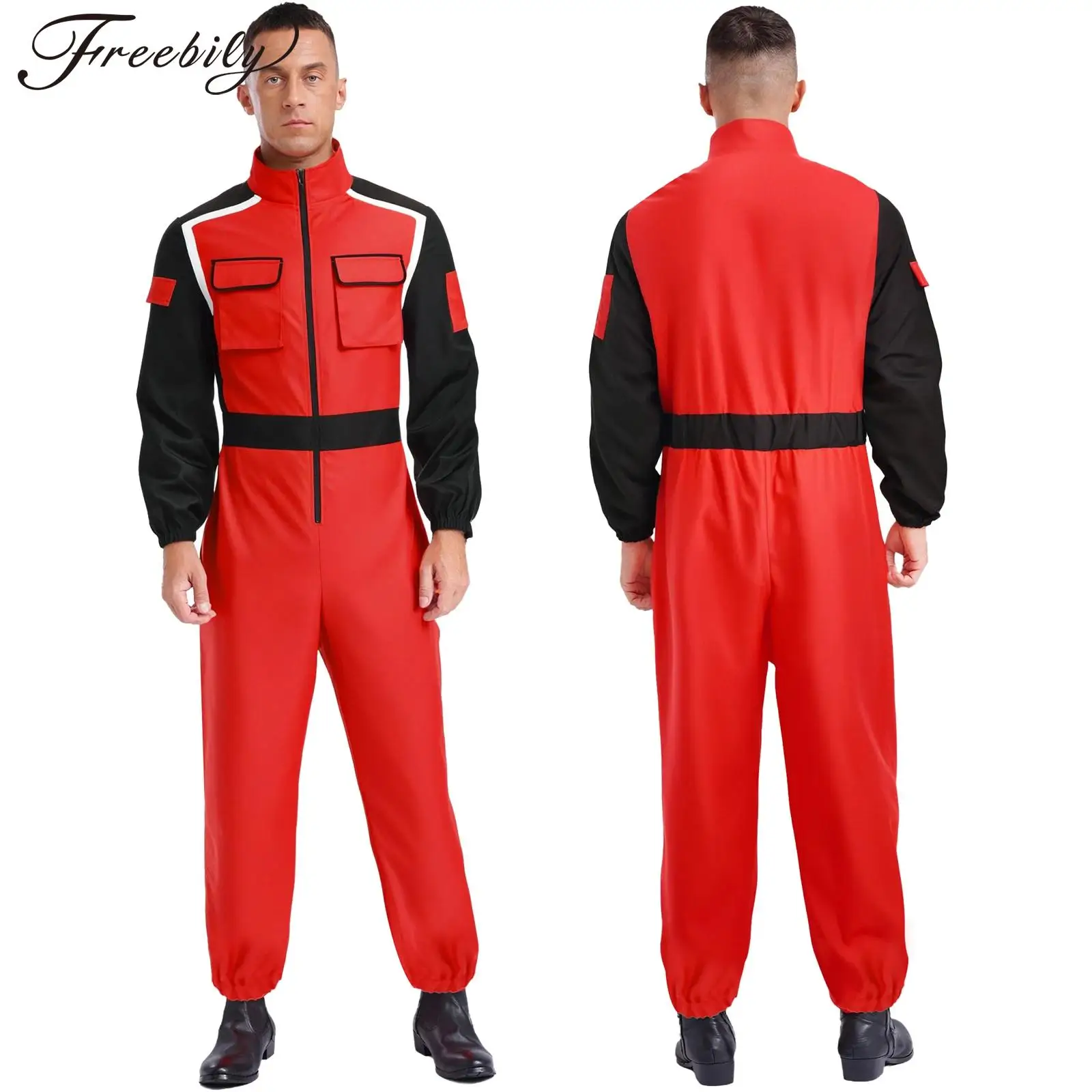 

Men Halloween Racer Car Driver Fireman Cosplay Costume Long Sleeve Stand Collar Zipper Pockets Jumpsuit for Theme Party Carnival