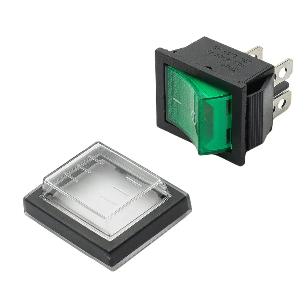 Green Rocker Switch With Water Proof Cover 4 Pins 16A 250V AC 31x25mm DPST Circuit Breakers And Disconnect Switches