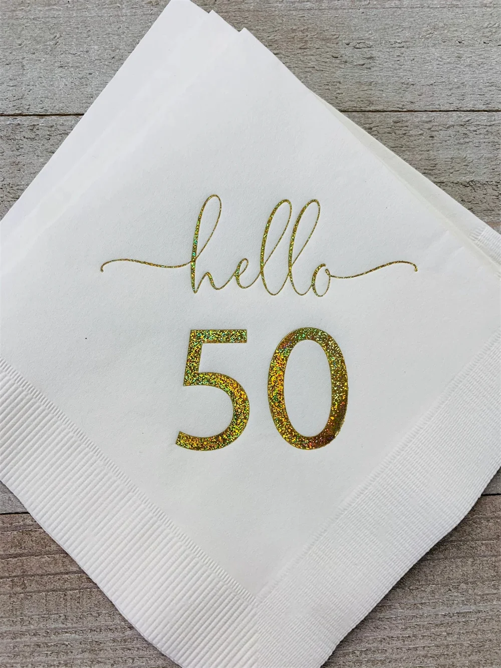 

50PCS Hello Fifty White w/Metallic Glitter Gold Foil Cocktail Beverage Napkins 3 Ply Happy Birthday 50th Hello 50 Fifty Fiftieth