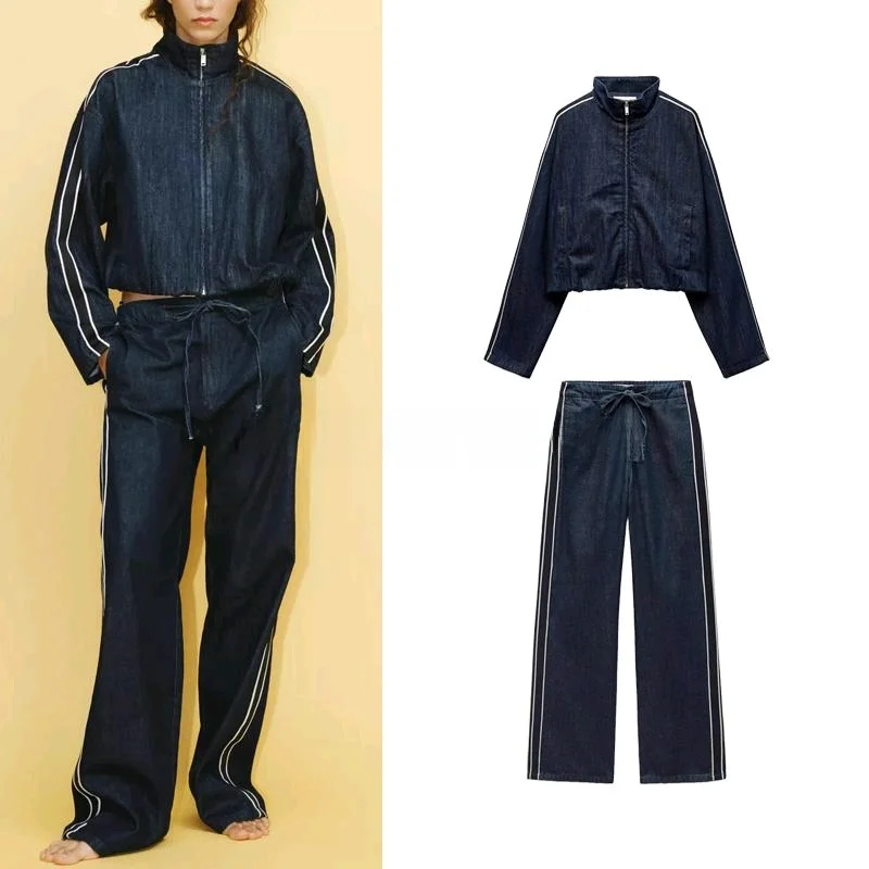 

Spring Women's Denim Jeans Side Strap Decorated Patchwork Stripe Belt Denim Jacket Long Sleeve Zipper Stand Collar Fashion Set