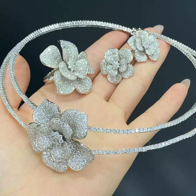 Bellux Luxury White Flower Zircon Jewelry Set Women 925 Silver K Gold Plated Choker Necklace Earring Ring Bridal Wedding Jewelry