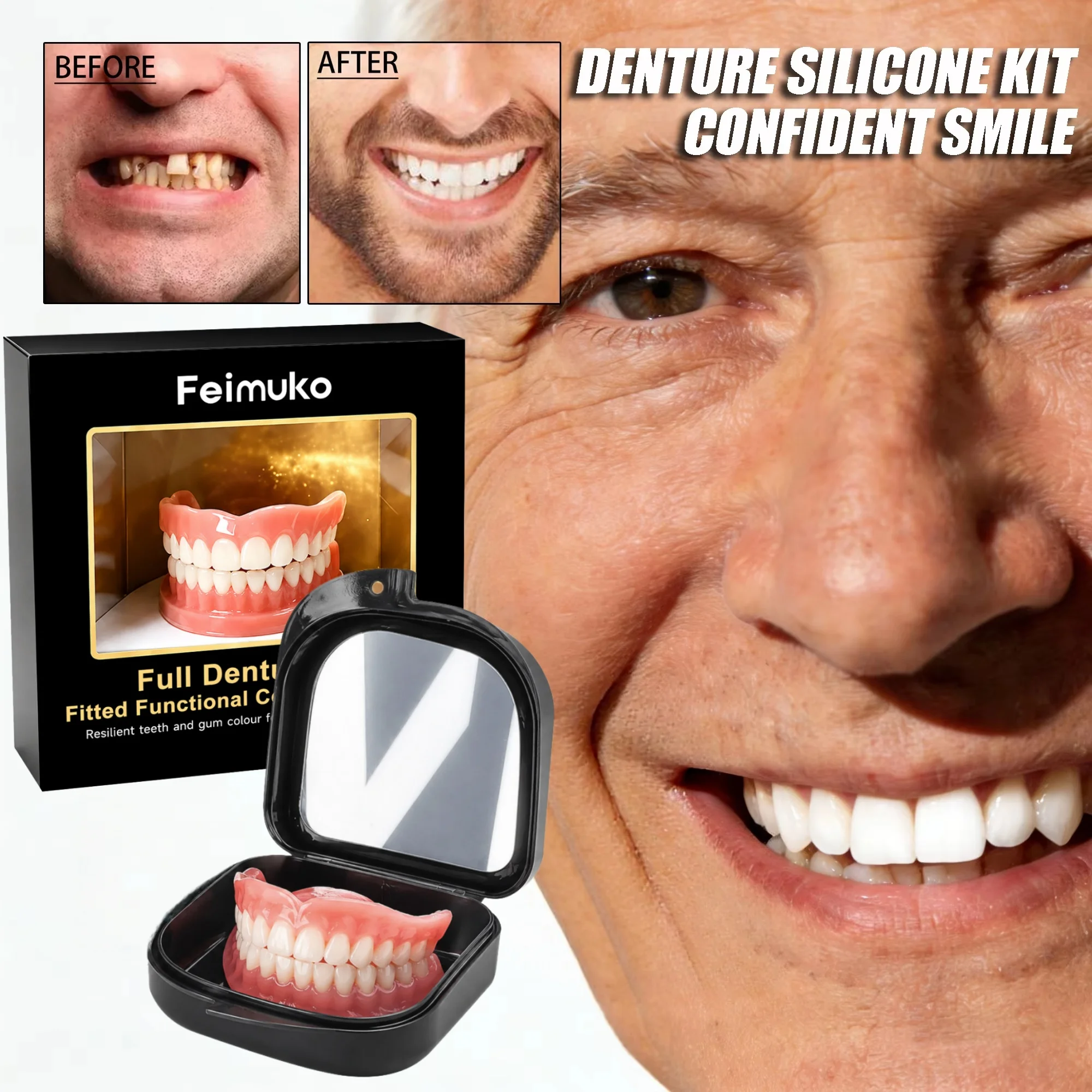 Image of Feimuko Komplettes Set Zahnprothesen, Künstliche Zähne, Zahnspangen, Komfort-Passform, Sofort-Smile Snap-On Veneers, Mundpflege mit Spiegel-Etui für Männer und Frauen