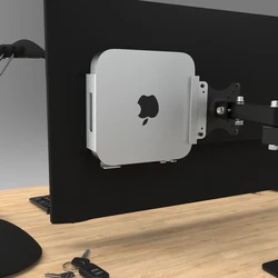 Appendi Macmini dietro il supporto del monitor monut Macmini sotto l'estensione vesa da scrivania