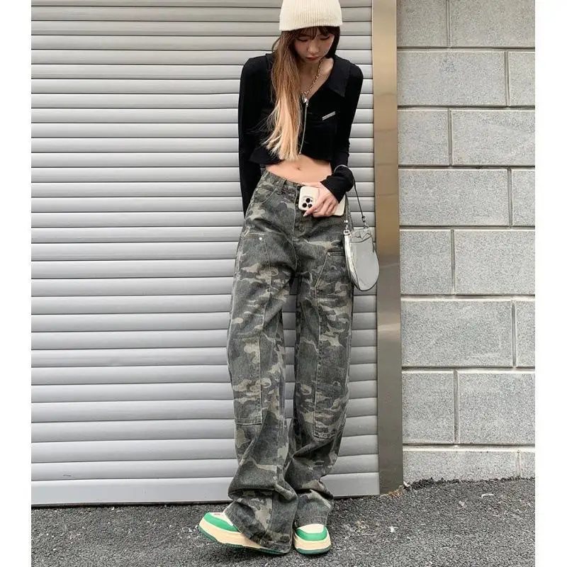 Vintage Women's Hip Hop Camouflage Cargo Pants Straight Wide Leg High Waist Baggy Jeans