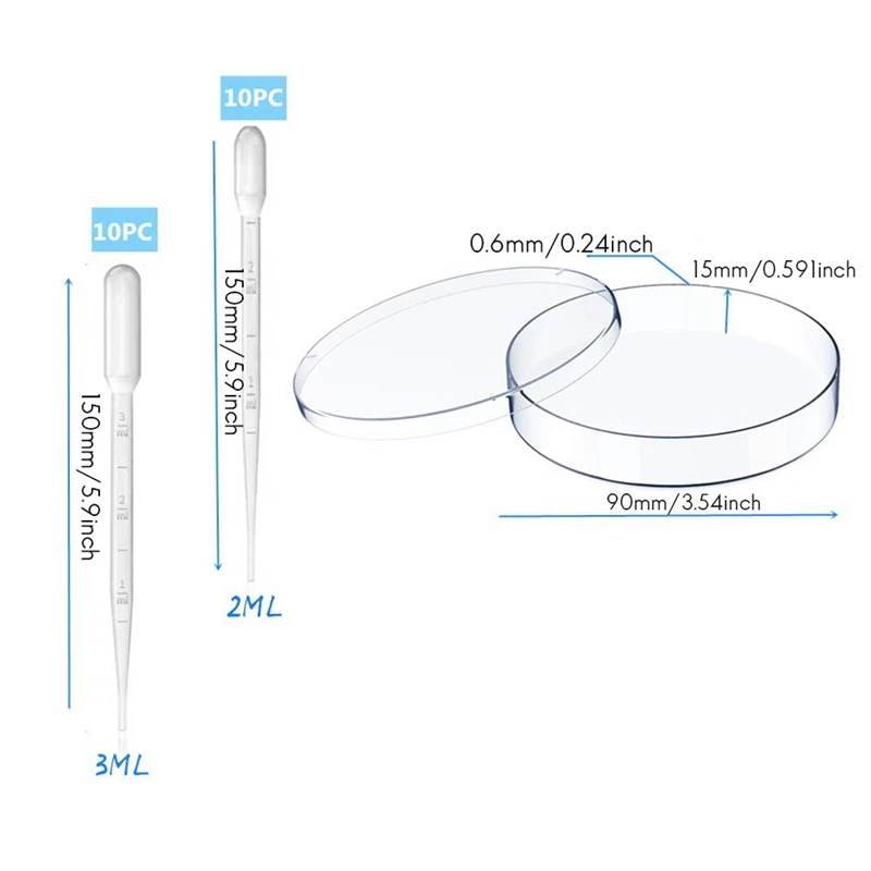 20PCS Sterile Petri Dishes Plastic Petri Dish 90Mm Dia X 15Mm Deep With 10 2Ml Transfer Pipettes And 10 3Ml Transfer Pipettes