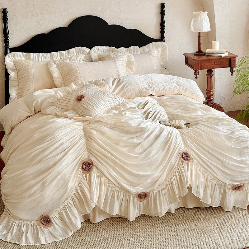 100% Cotton Romantic Princess Wedding Bedding Set 4Pcs Ruffled Bed Skirt with Rose Ornament Ruched Duvet Cover Set for Bedroom