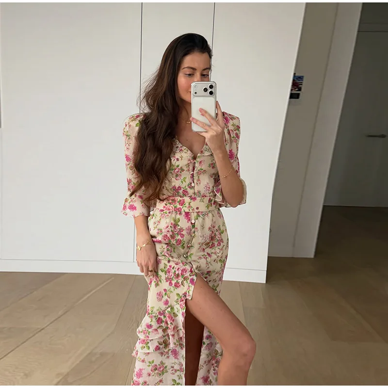 Elegant Ruffle Women's Long Dresses V Neck Half Sleeve Button Waist Cinching Pleated Dress 2026 Spring Lady Fashion Party Robes