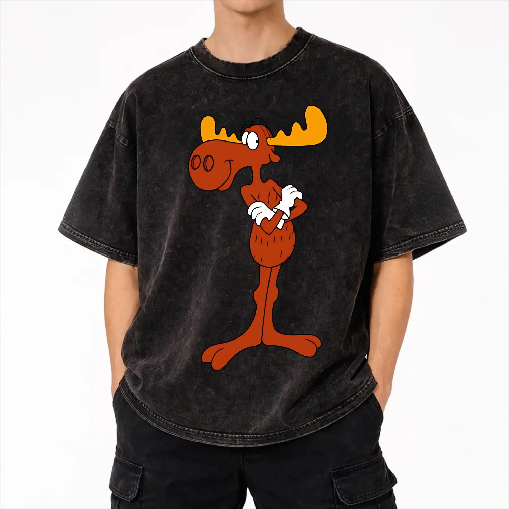 Футболки Rockys Bullwinkles Outfit с эффектом потертости, мужские и женские, уличная одежда, хип-хоп футболки с графическим принтом, топы, 100% хлопок.