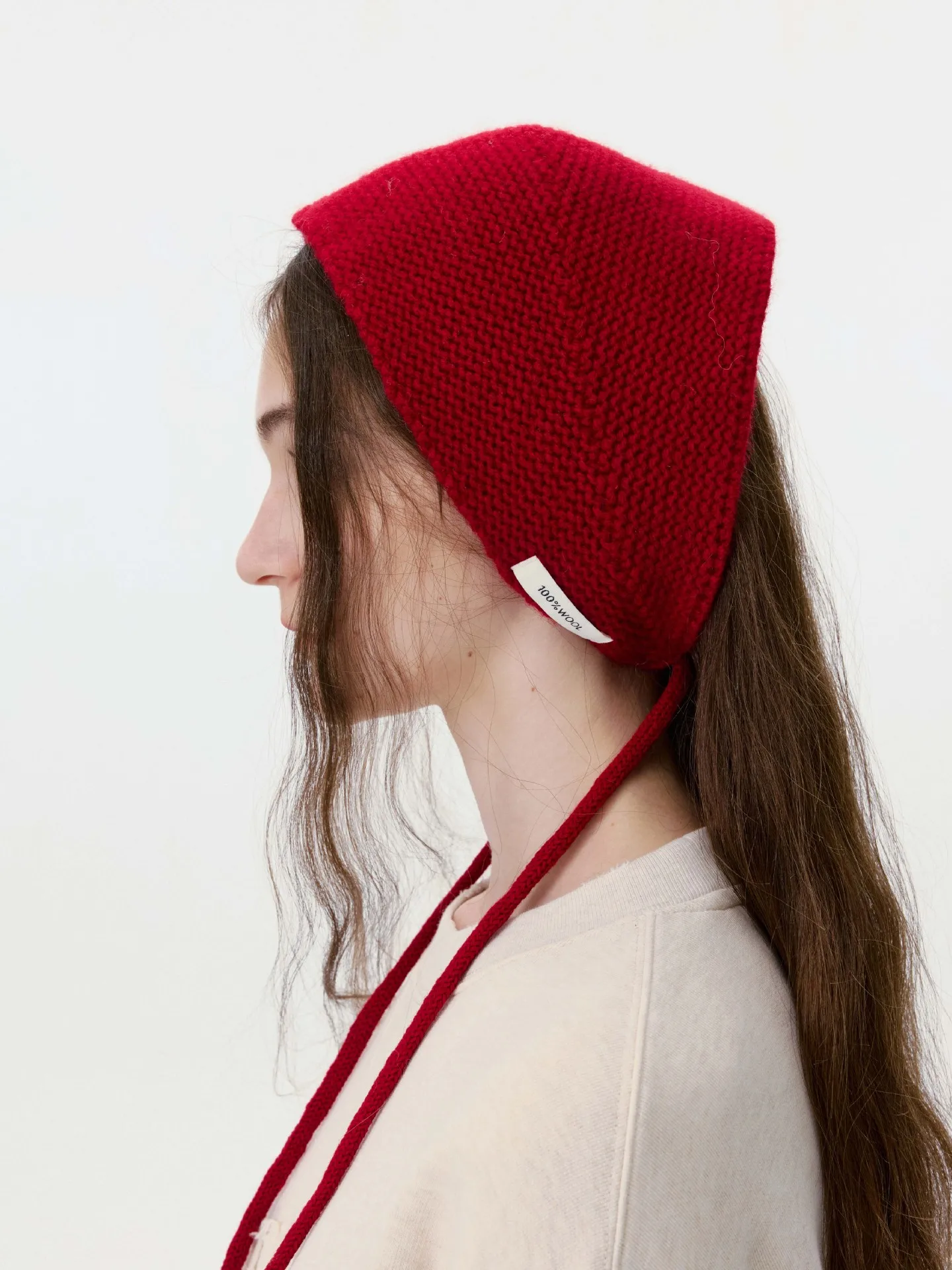 100% Wool Knit Bonnet Balaclava with String Tie Winter Headscarf for Women