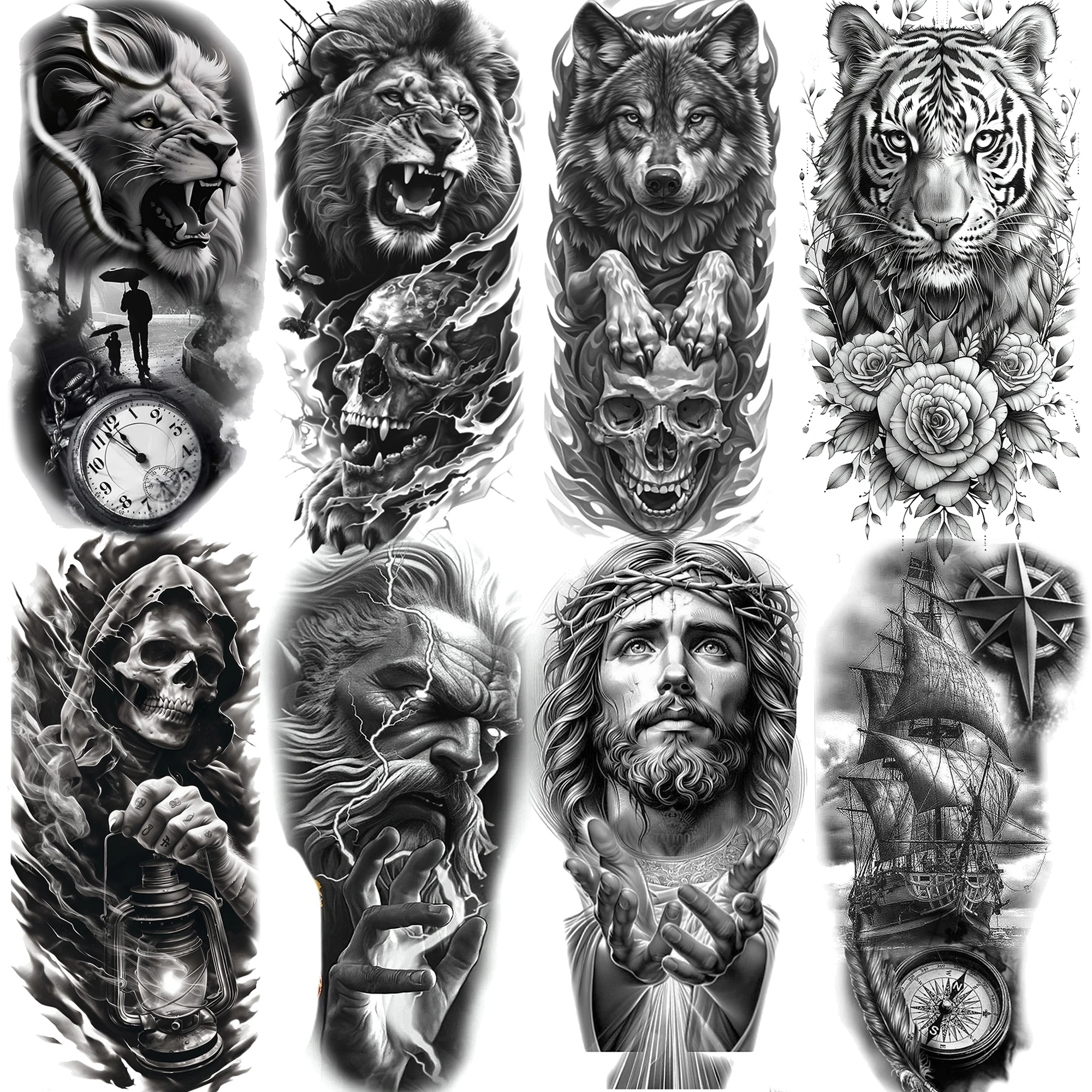 

1 Sheet Waterproof Lion Tiger Wolf Temporary Tattoos For Women Men Realistic Skull Sailing Ship Fake Tattoo Sticker Body Tatoos