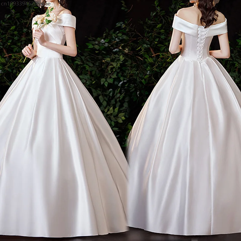 

Women Elegant Off Shoulder Satin Dress with Back Strap Simple Ball Gown Bridal Dress Formal Wedding Party Stage Cosplay Gown