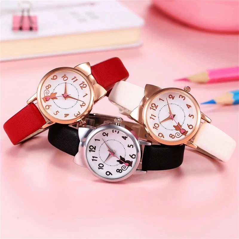 reloj para muje  Reloj de pulsera para mujer y niño, pulsera informal con correa de cuero, bonito gato