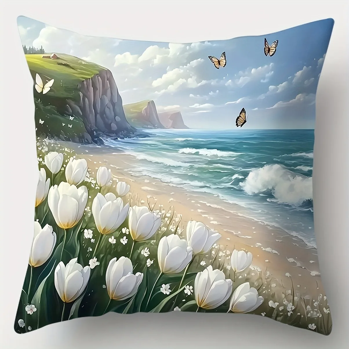 Ocean & Floral Print Cushion Cover, Durable & Removable Washable, Bedroom Home Decorative Pillowcase