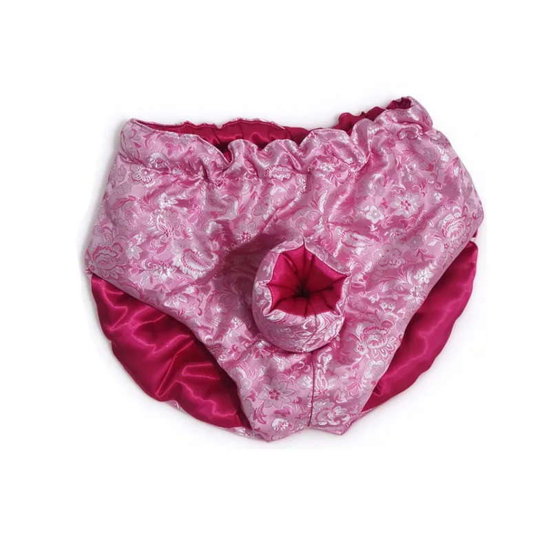 Men Glossy Jacquard Padded Briefs Floral Brocade Underwear Elastic Waist Filled Cotton Soft Puffy Warm Home Wear Panties
