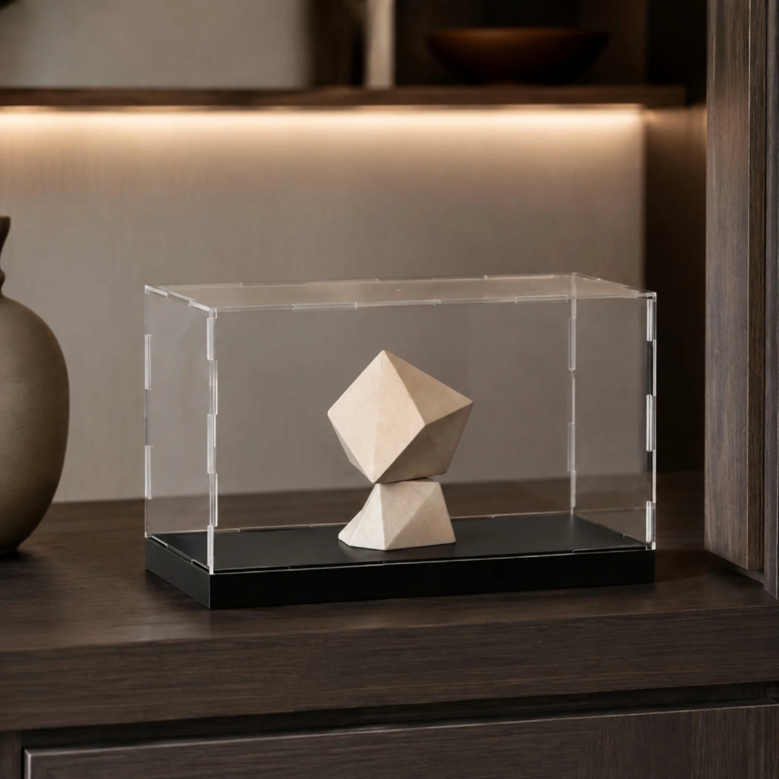 Figure Display Case with Black Base Dustproof Clear Desktop Display Case Transparent Compact for Collectors, Bedroom, Office