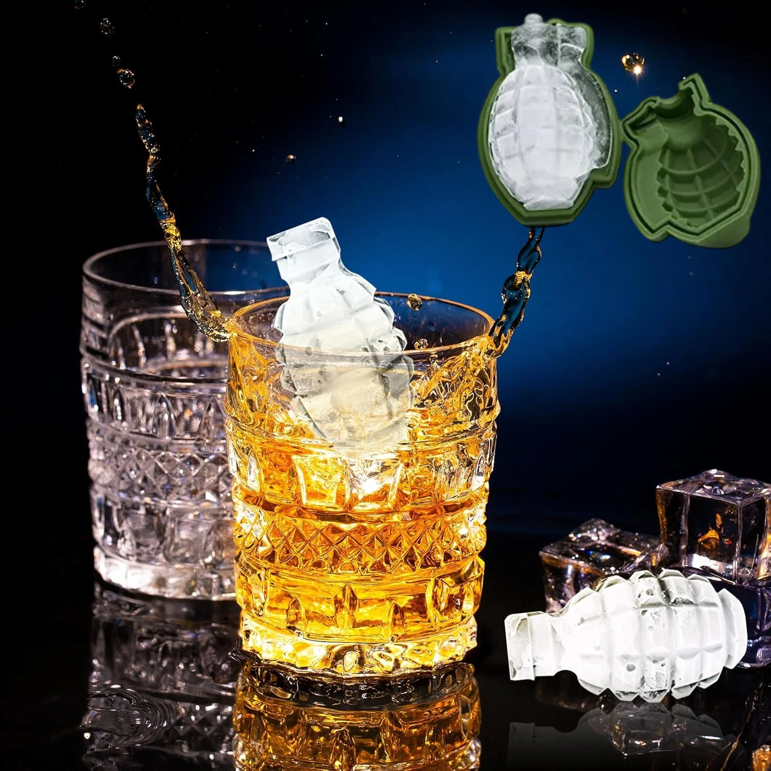 1/2 Sets 3D Grenade Shape Silicone Ice Cube Mold, Reusable &