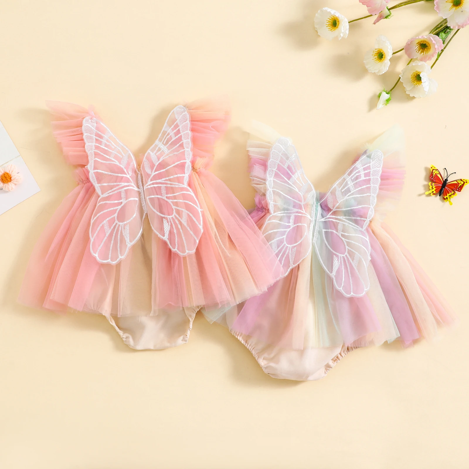 Infant Girl Rompers Dress Embroidery Butterfly Wing Fly Sleeve Rainbow Color Tulle Skirt Hem Jumpsuits Clothes Baby Bodysuits