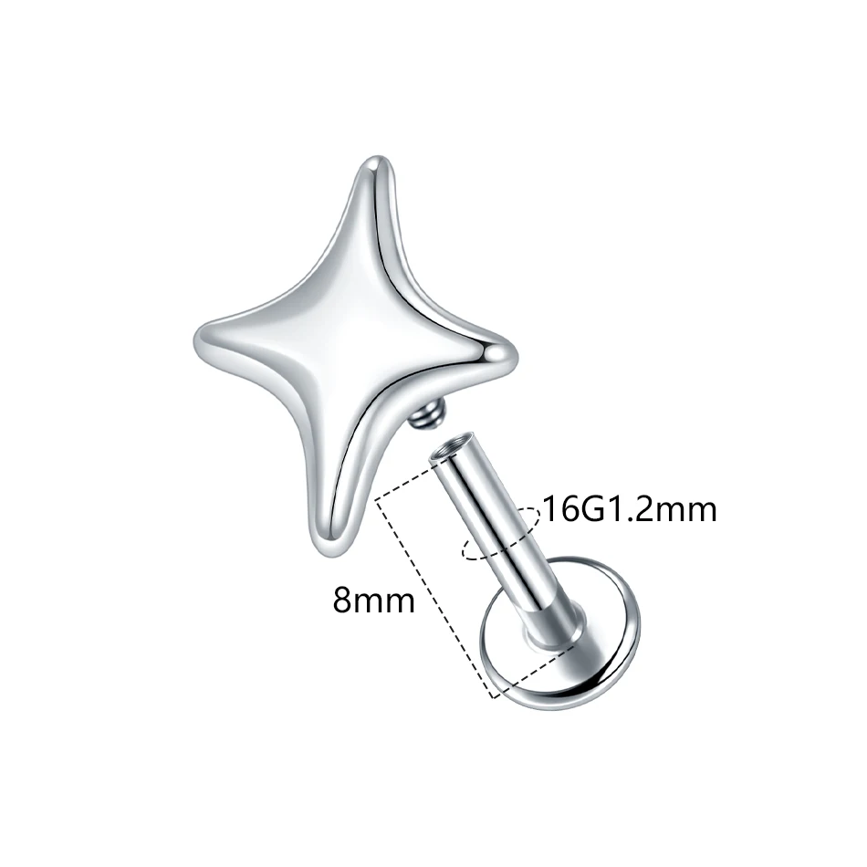 1PC ASTM F136 Titanium 16G Four-Pointed Star CZ Cartilage Earring Helix Tragus Stud Flatback Labret Nose Stud Piercing Jewelry