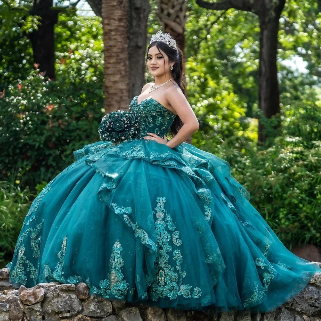 

Hunter Princess Quinceanera Dresses Sweetheart Neck Lace Appliques Beaded Ruffle Sleeveless Long Prom Ball Gown Birthday Special