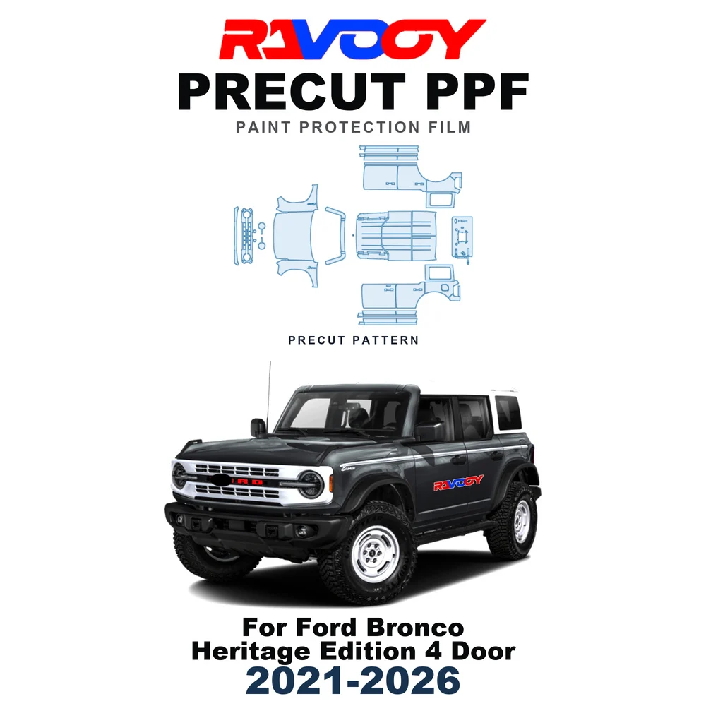 Precut PPF For Ford Bronco Heritage Edition 4 Door 2021-2026 8.5mil TPU Paint Protection Film Hood Bonnet Bumper Headlight Roof