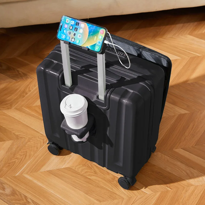 

18 inch front flip top luggage case with bracket cup holder high aesthetic value stylish roller luggage case 18 inch carrier
