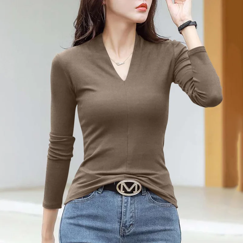 1pcs Women Autumn Winter Long-sleeved T-shirt  Lady Thermal Underwear Thick Velvet Slim Fit Fashion New Style V-neck Top