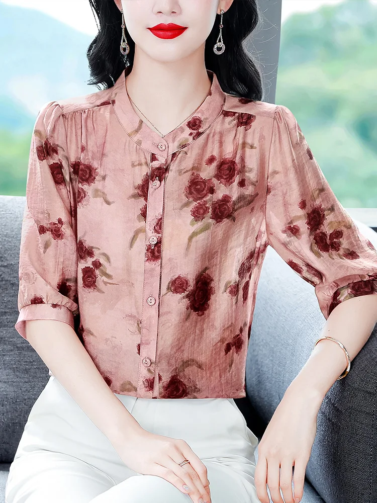Fashionable Printed Silk Cotton Linen Shirt Women Summer New Style Slimming Top Trendy Mom Seven Sleeve Women's Shirt