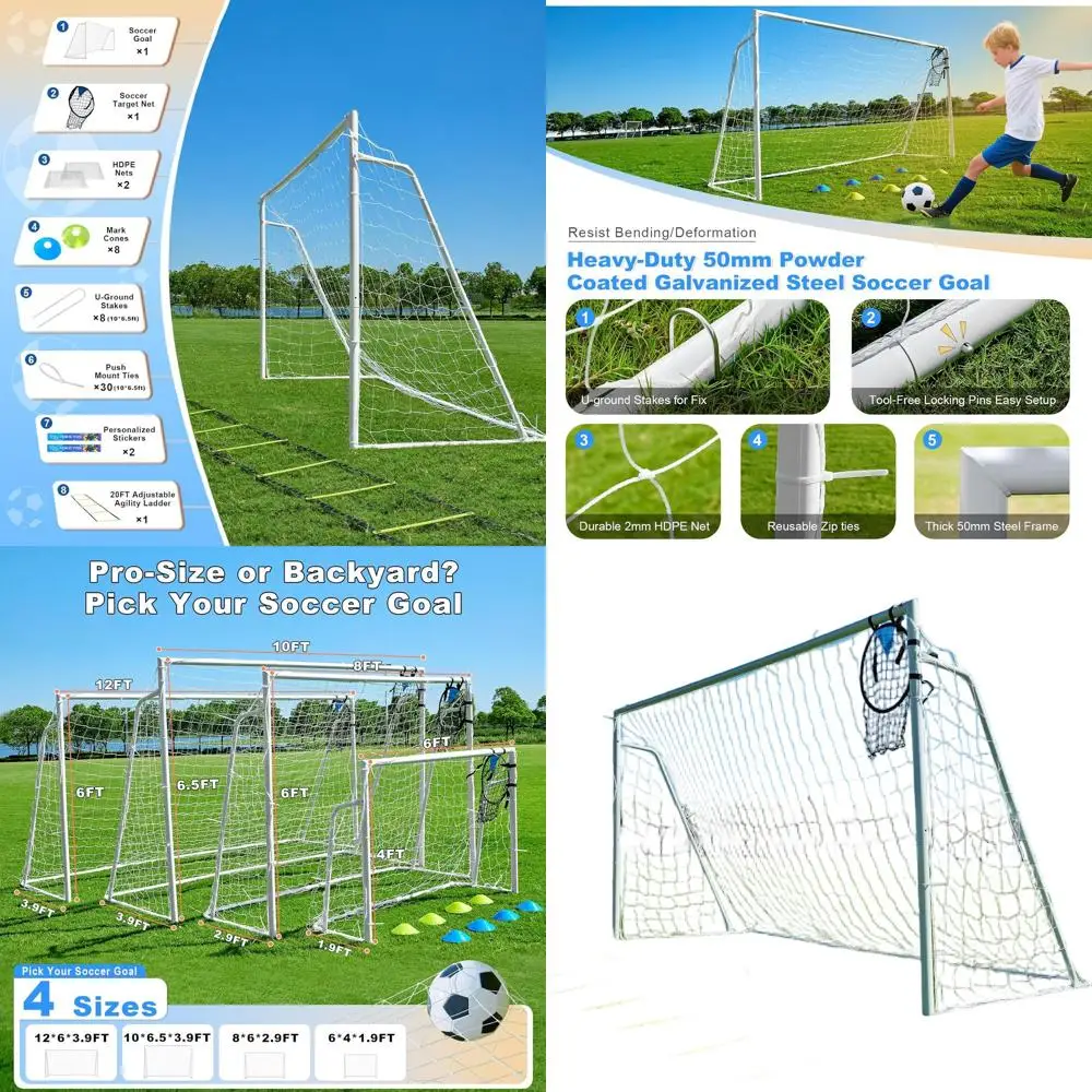 

Футбольные ворота для детей и взрослых: 12x6, 10x6.5, 8x6, 6x4 с металлическими стойками, лестницей для тренировки ловкости и сеткой для мишеней.