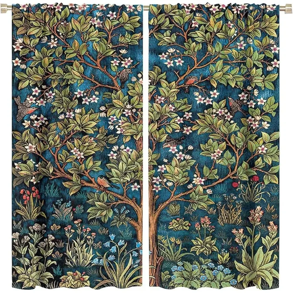 Retro Woodpecker Floral Print Thermal Insulated Curtains, 2 Panels, 84x84 Inch, Ideal for Living Room and Bedroom Decor