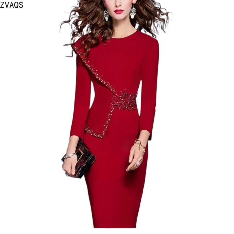 

ZVAQS Dresses for Women Spring Red Dress Luxury Designer Beaded Slim Fit Business Bodycon Dress for Women Женская Одежда