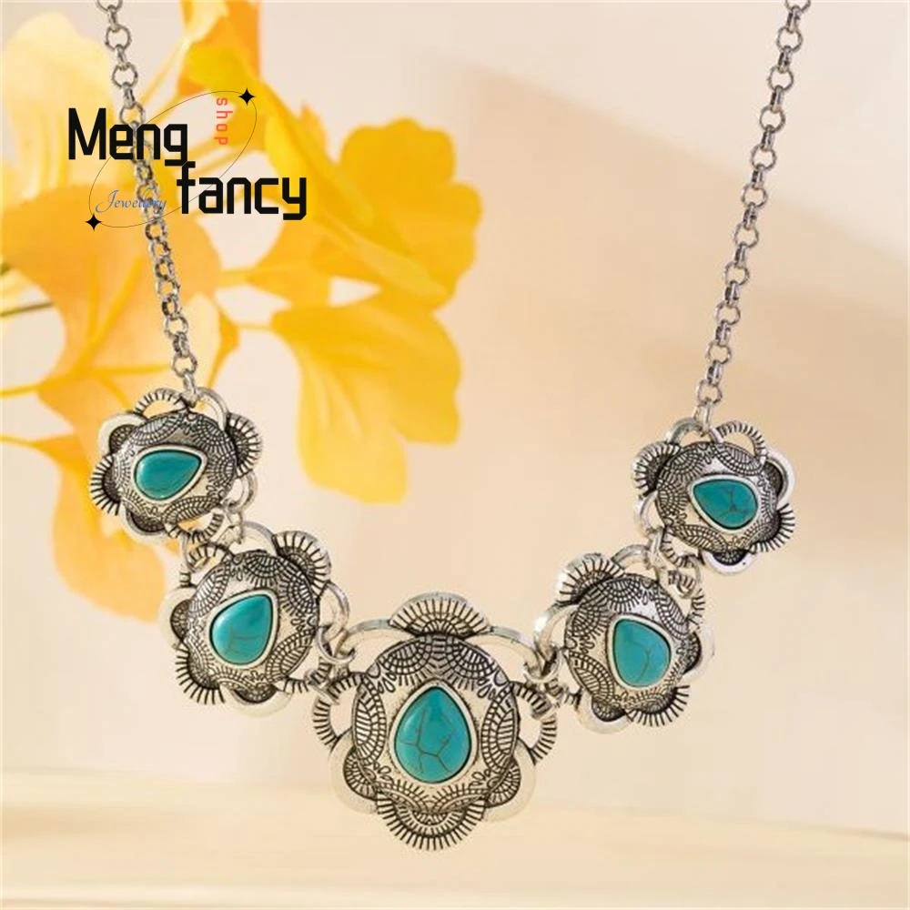 Retro Teardrop Necklace Turquoise Western Style Exaggerated Natural Stone Pendant Simple Exquisite Fashion Jewelry Holiday Gifts