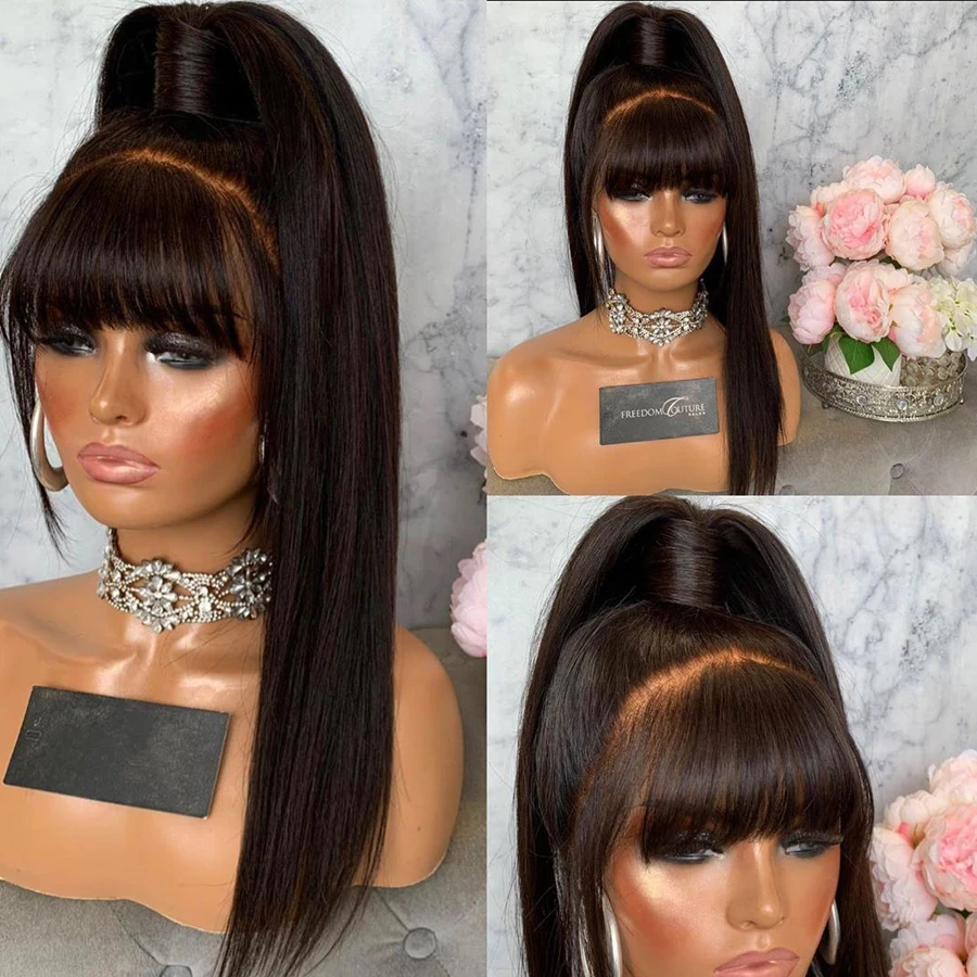 Super Long 30inches 13x6 Transparent Fringe Lace Front Human Hair Wigs for Black Women Natural Black Color Bangs Cut