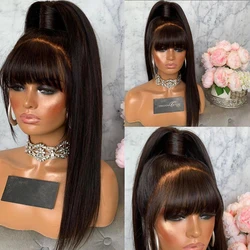 Super Long 30inches Glueless 13x6 Transparent Fringe Lace Front Human Hair Wigs for Black Women Natural Black Color Bangs Cut