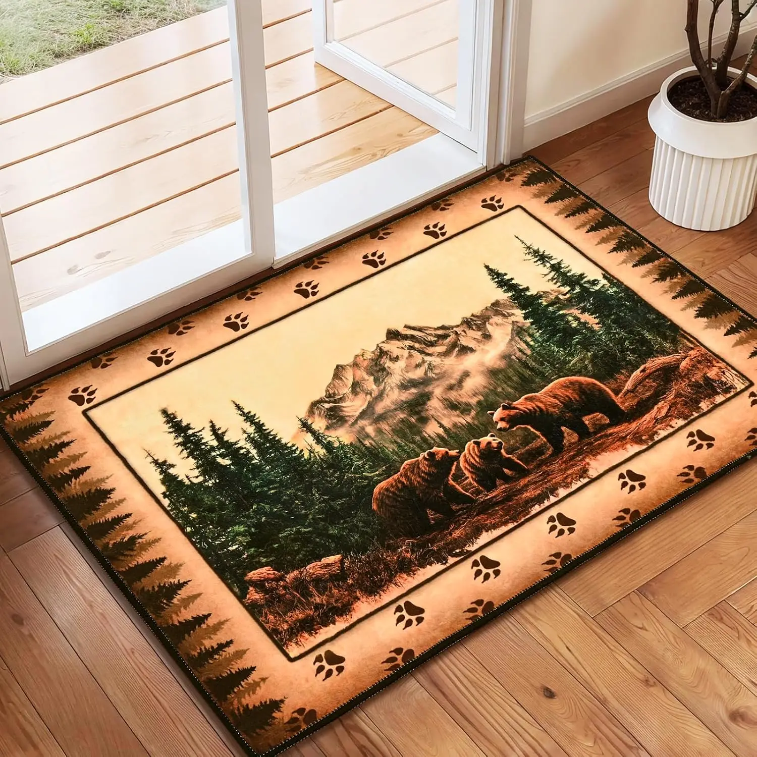 Rustic Bear Family Wilderness Rug Nature Forest Area Mat Entrance Hallway Decor Cozy Cabin Style Carpet Gift