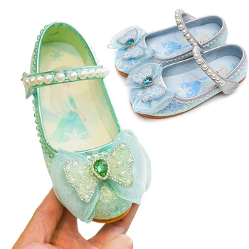 Shining Pearl Bow Tie Princess Shoes for Girls Halloween Festival Cosplay Birthday Party Dress Up Fairy Green Kids Leather Shoe