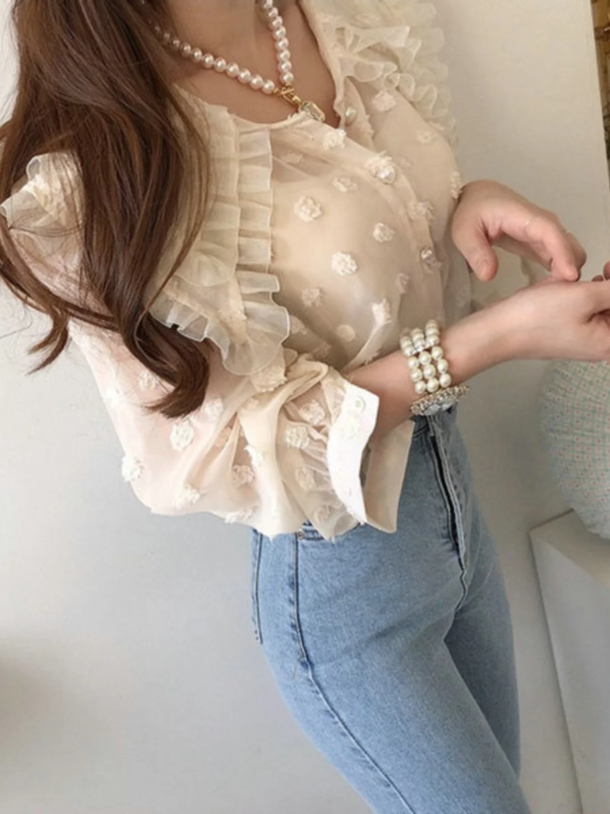 Solowen Pearl Button Long Sve irt Double Layered 3D Fluffy round Ne Design Commute Sle Pure Color Straight Cut