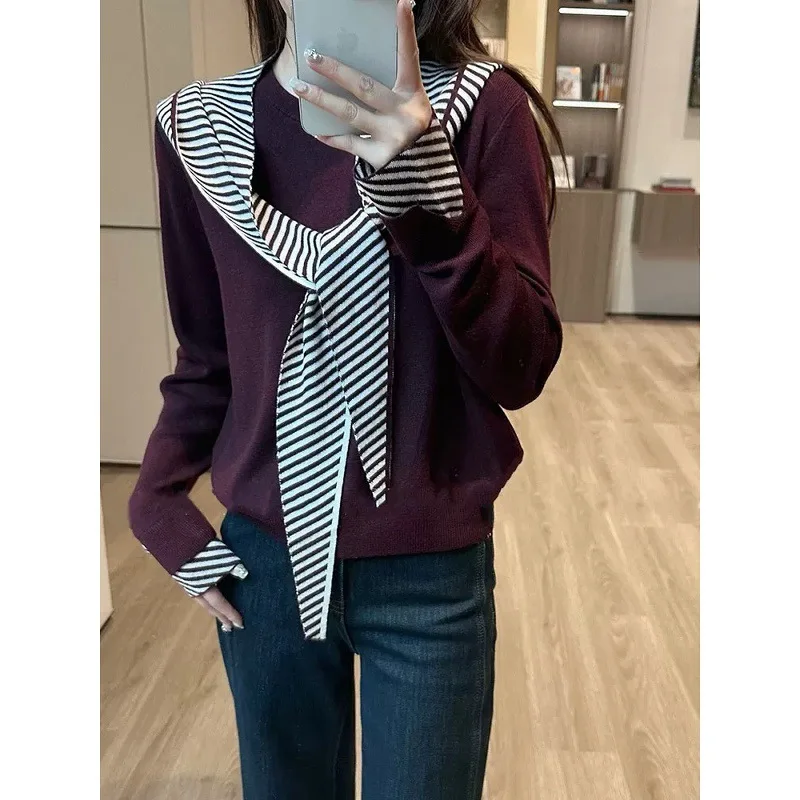 

2025 Comfortable Long Sleeve round Neck Casual Korean Style Slim Fit Ladies Knitwear Striped Shoulder Design Autumn New Style