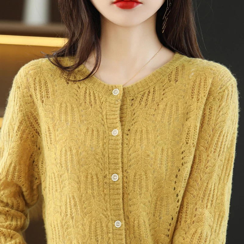 Imagem -03 - Primavera Outono Seção Fina Malha Cardigan de lã para Mulheres Top de Manga Comprida Solta Oco Jaqueta Moda Cashmere Roupas Femininas