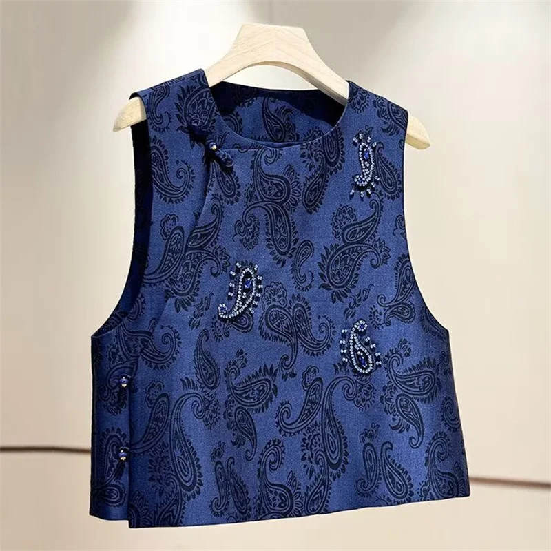 

Женский жилет, безрукавка, ретро, высококачественный, весенний, с круглым вырезом, в национальном стиле, модный, синий жилет-пальто