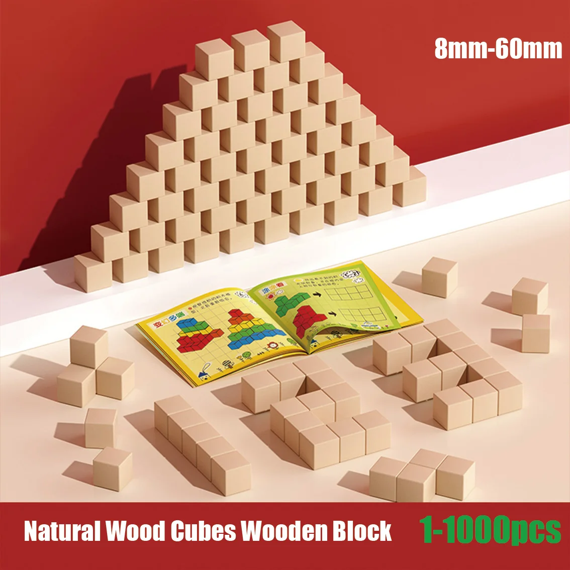 8mm-60mm Unfinished Wooden Cubes Natural Wood Square Blocks for DIY Project, Crafting Home Decor Art Supplie or Teaching Parts