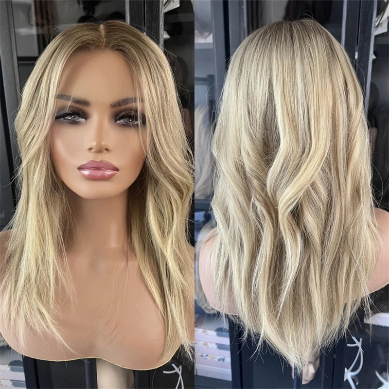 Ombre Creamy Blonde Soft Balayage Wavy Wig High Quality Synthetic Wig with Roots Glueless Wig Original Factory Wig 150% Density