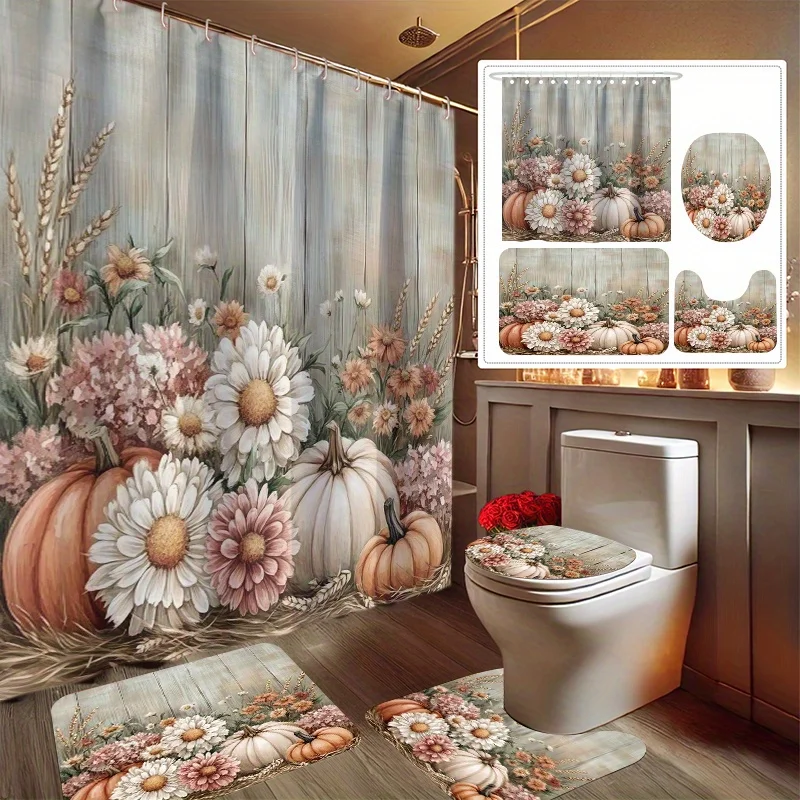 

4pcs Autumn Harvest Print Bathroom Set Including Shower Curtain, Non-Slip Mat, Toilet Lid Cover, Bath Mat and 128 Plastic Hook