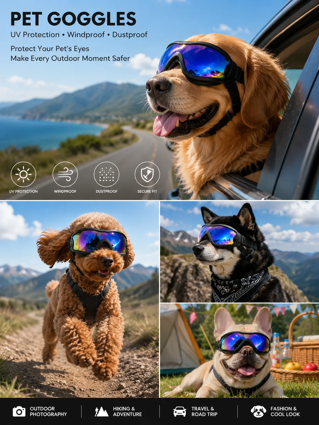 Hundebrillen mit Einzelverpackung, UV-Schutzbrillen für kleine, mittelgroße und große Hunde, sicherer Doppelriemen, Outdoor-Fotorequisiten – Detail 8