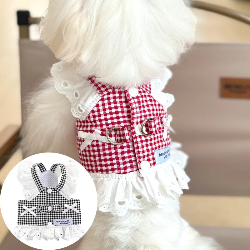 Lace Puppy Summer Clothes for Small Dogs Black Red Plaid Harness Vest Small Animal Pet Dog Chest Strap Outdoor Walking Apparel